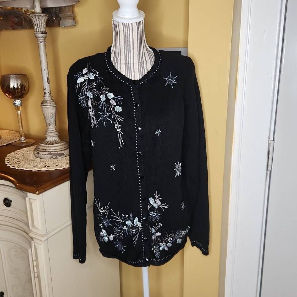 Vintage Stitches in time embroidered cardigan black sweater women's size L